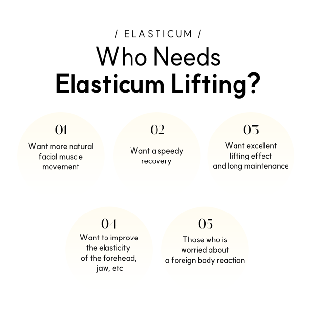 Who needs Elasticum Lifting? - 1. Want more natural facial muscle movement, 2. Want a speedy recovery, 3. Want excellent lifting effect and long mainrenance, 4. Want to improve the elasticity of the forehead jaw, etc. 5. Those who is worried about a foreign body reaction.